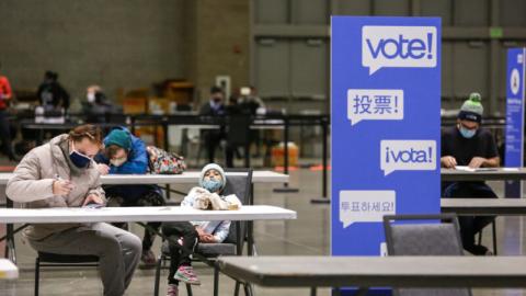 2020年11月3日，美国选民在亚历克西斯-卡斯塔内托填写选票。(JASON REDMOND/AFP via Getty Images)